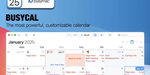 Download BusyCal For Mac v2024.1.2 The Best Calendar App Full Version A promotional image for BusyCal, a powerful and customizable calendar app. The image shows the January 2025 calendar view with various events such as yoga classes, gym sessions, staff meetings, and more. The top section features a blue background with the date "June 25" and the BusyMac logo. The bottom section displays the calendar interface with event details and pricing information for the BusyMac original license and bundle hunt price.