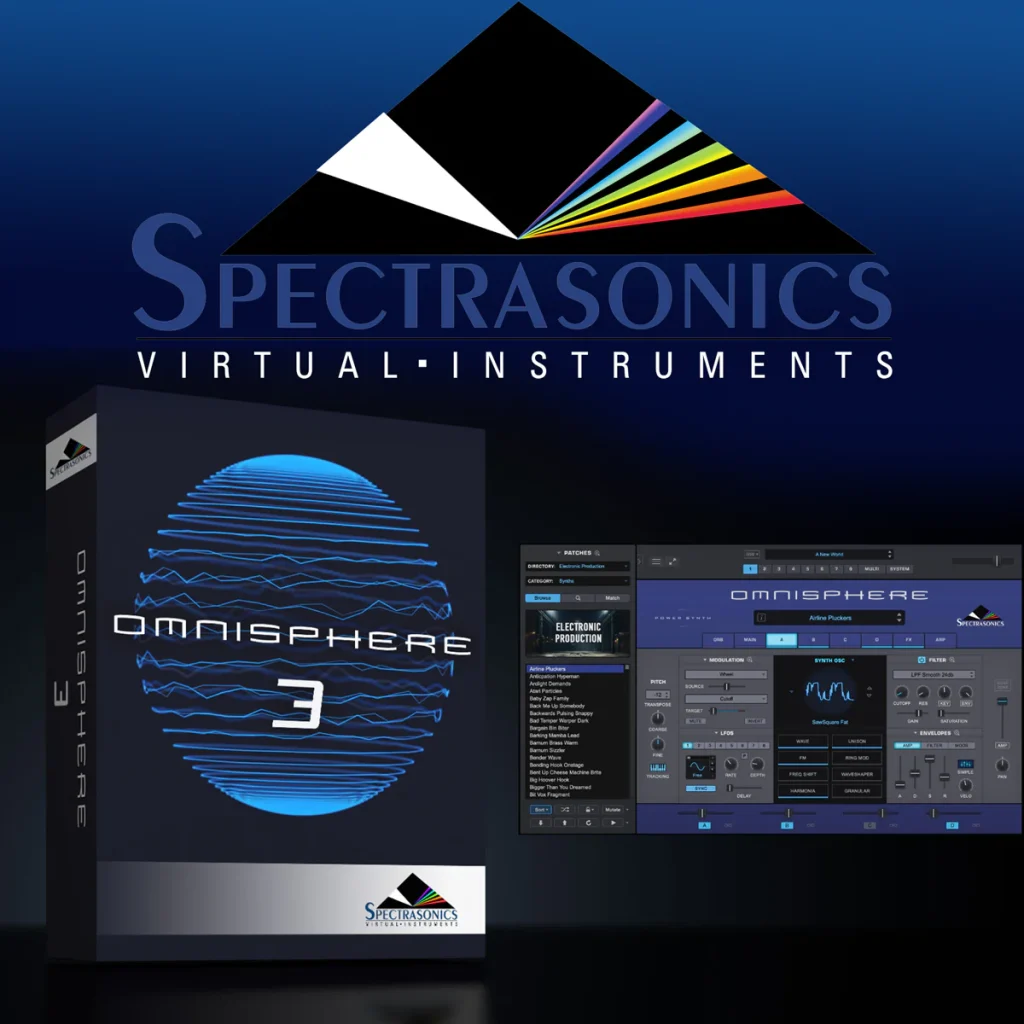 A promotional image for Spectrasonics' Omnisphere 3 virtual instrument. The image features a sleek, modern design with a dark blue gradient background and a prominent display of the product's name and logo. A box with the Omnisphere 3 branding is shown alongside a screenshot of the software interface, highlighting its advanced sound synthesis capabilities. The overall aesthetic conveys a sense of cutting-edge technology and musical innovation.