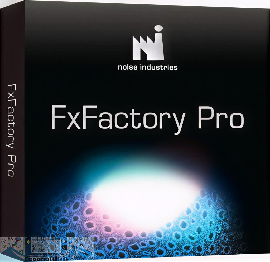A sleek, black box with a gradient effect transitioning from dark to light blue at the bottom. The top features a white factory logo and the text "noise industries" in lowercase letters. Below that, "FxFactory Pro" is prominently displayed in large, white font. The side of the box also has "FxFactory Pro" written vertically in white text. A small section at the bottom shows intricate circuit-like patterns in various colors.