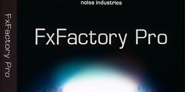 FxFactory Pro App Mac v9.0.0 Best Visual Effect, Audio Plugin, And app For Video Professionals A sleek, black box with a gradient effect transitioning from dark to light blue at the bottom. The top features a white factory logo and the text "noise industries" in lowercase letters. Below that, "FxFactory Pro" is prominently displayed in large, white font. The side of the box also has "FxFactory Pro" written vertically in white text. A small section at the bottom shows intricate circuit-like patterns in various colors.