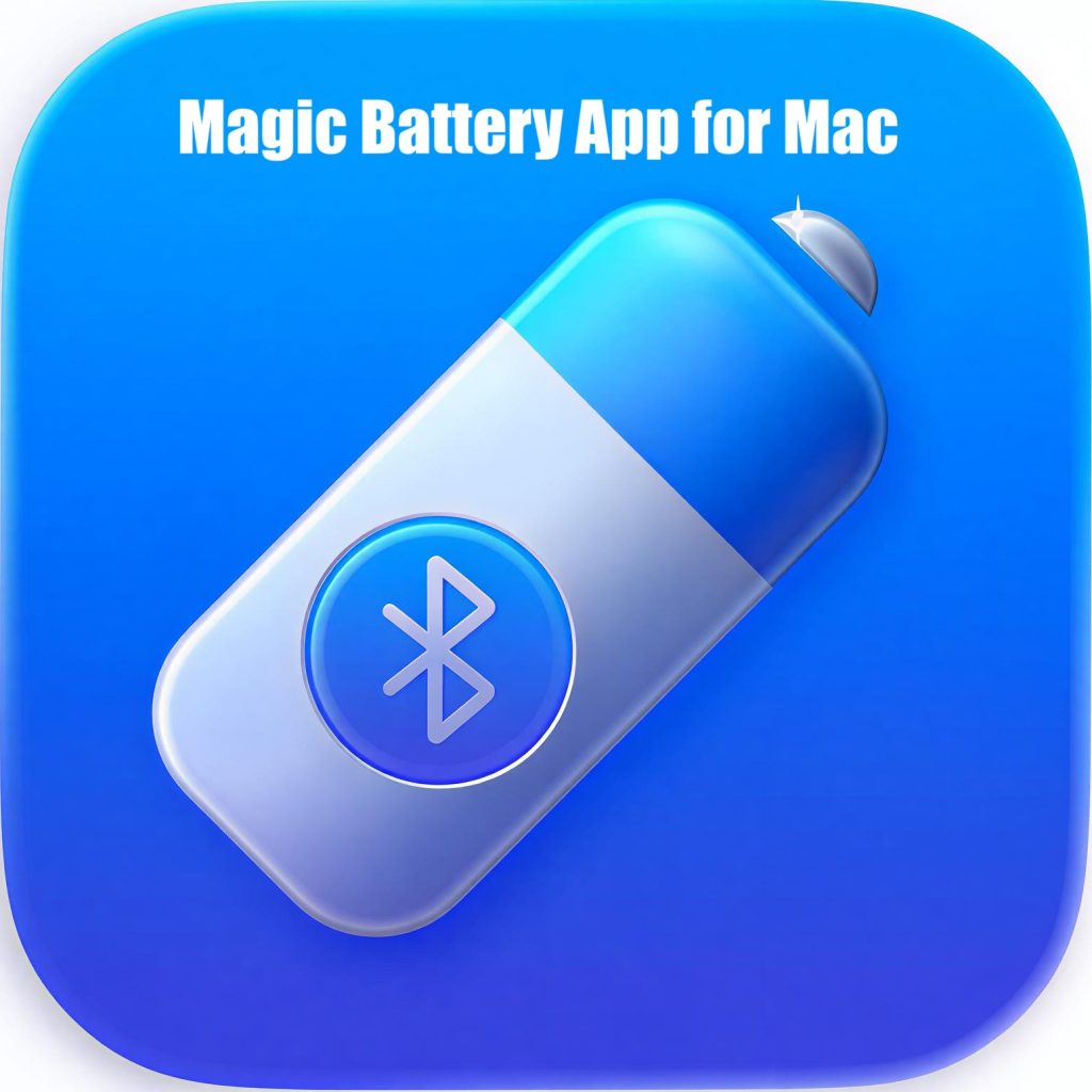 A sleek, blue app icon for "Magic Battery App for Mac" featuring a stylized battery with a Bluetooth symbol in the center. The background is a gradient of blue shades, and there's a small white star near the top right corner of the battery. The text "Magic Battery App for Mac" is displayed at the top in bold white letters.