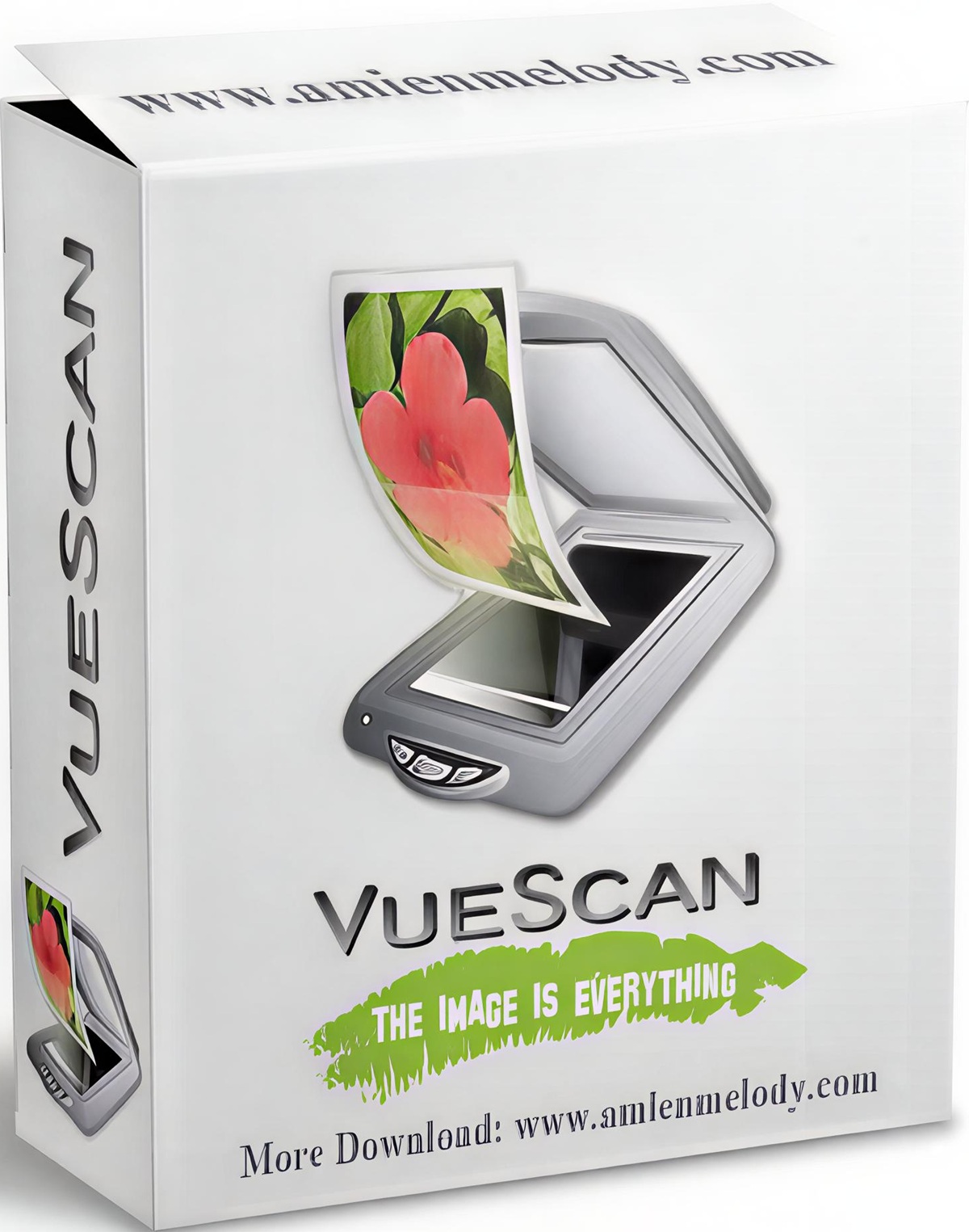 A sleek, modern scanner with a vibrant image of red flowers being scanned. The box is predominantly white with the brand name "VueScan" in bold black letters and the tagline "The Image Is Everything" highlighted in green. A website URL "www.amienmelody.com" is displayed at the top and bottom of the box. The side of the box features the same logo and an additional smaller image of the scanner in action.