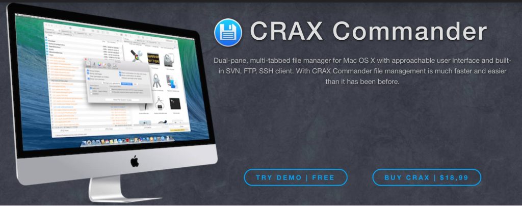 A sleek, dual-pane file manager for Mac OS X with a user-friendly interface and built-in SVN, FTP, SSH client. The software promises to make file management faster and easier than ever before. A computer screen displays the software in use, with options to try it for free or purchase it for $18.99.
