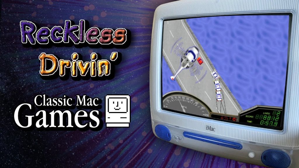A vintage iMac displaying a classic arcade racing game titled "Reckless Drivin'" with a retro aesthetic, featuring pixelated graphics and a score of 88888. The background is a cosmic scene with stars and nebulae, emphasizing the nostalgic feel of classic Mac games.