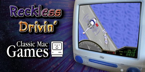 Download Reckless Game Mac v1.0.5 Best Open World Old-School Racing Game Full Version A vintage iMac displaying a classic arcade racing game titled "Reckless Drivin'" with a retro aesthetic, featuring pixelated graphics and a score of 88888. The background is a cosmic scene with stars and nebulae, emphasizing the nostalgic feel of classic Mac games.